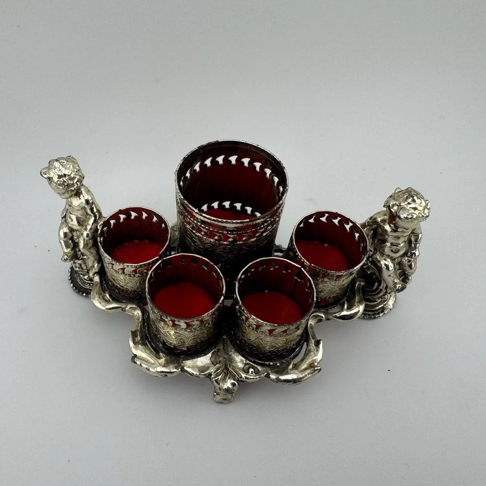 Vintage Small Cherub Vanity Organizer Silver tone  Victorian Red Velvet Putti